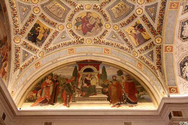 Ceiling murals relay stories regarding philosophy at Morgan Library. New York City, NY.