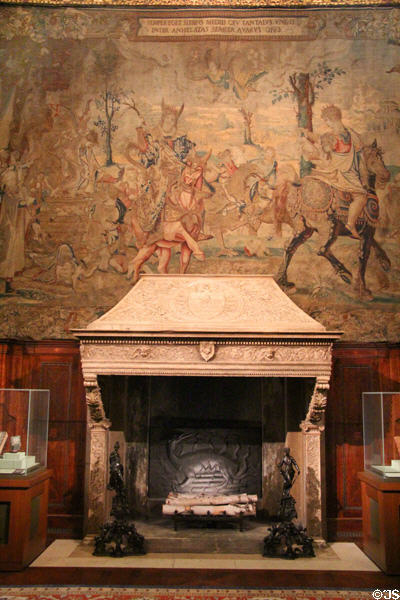 Tapestry & fireplace at Morgan Library. New York City, NY.