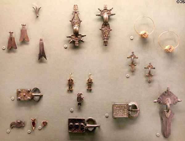 Collection of Gothic jewelry traded north of Mediterranean (200 CE - 650 CE) at Morgan Library. New York City, NY.