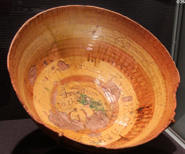 Earthenware punch bowl with anti-slave slogan (1792) attrib Cornelius Paulus at Brooklyn Museum. Brooklyn, NY.