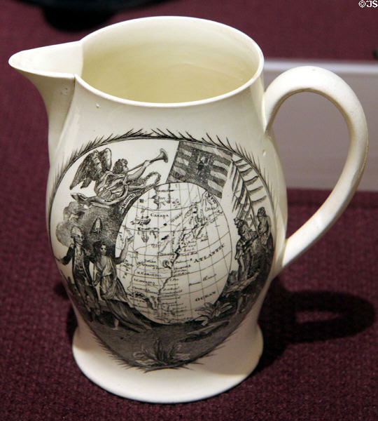 Earthenware pitcher (c1790) from Staffordshire or Liverpool, England with design of independent American map & George Washington at Brooklyn Museum. Brooklyn, NY.