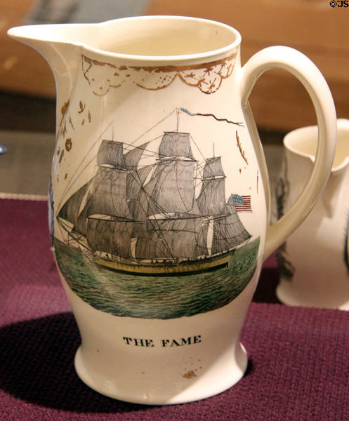 Earthenware pitcher (c1805) from Staffordshire or Liverpool, England with design of American sailing ship Fame at Brooklyn Museum. Brooklyn, NY.