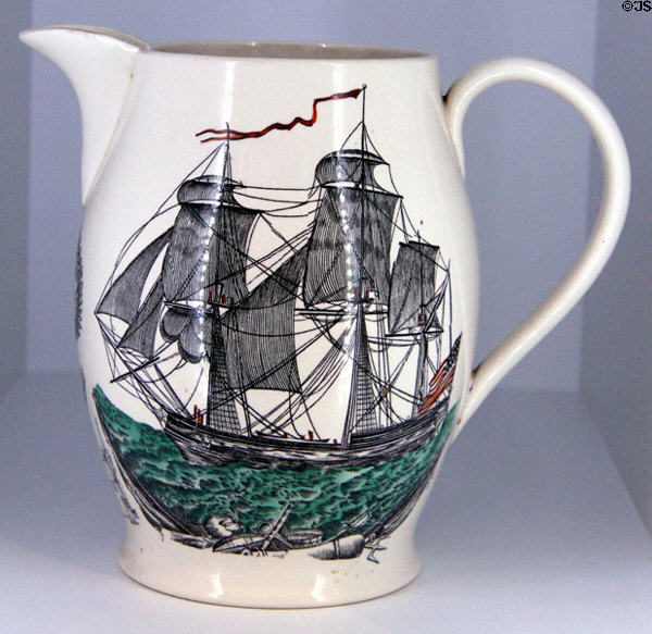 Earthenware pitcher (c1830) from Staffordshire, England with design of American sailing ship at Brooklyn Museum. Brooklyn, NY.