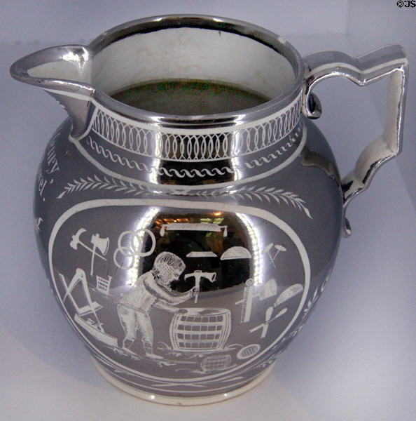 Earthenware silver luster pitcher (c1830) from Henry Powell of England with design of Masonic symbols at Brooklyn Museum. Brooklyn, NY.