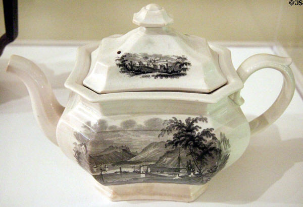 Peekskill Landing, Hudson River earthenware teapot (c1845) by William Ridgway & Co. of Hanley, England at Brooklyn Museum. Brooklyn, NY.