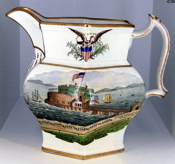 Landing of General Lafayette at Castle Garden, NY earthenware pitcher (c1850) attrib. to Jersey City Pottery Co., NJ at Brooklyn Museum. Brooklyn, NY.