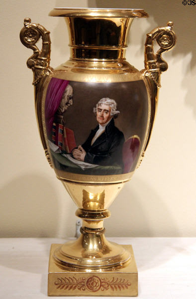 Porcelain vase painted with image of Thomas Jefferson (c1810) from France or Italy at Brooklyn Museum. Brooklyn, NY.