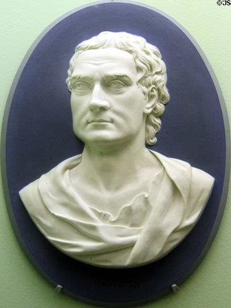 Biscuit porcelain portrait relief of Sir Isaac Newton (1777-9) by William Hackwood of England at Brooklyn Museum. Brooklyn, NY.