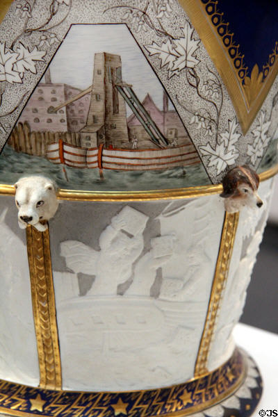 Mining & Boston tea party details on Century Vase (1876) by Karl L.H. Müller of Union Porcelain Works at Brooklyn Museum. Brooklyn, NY.