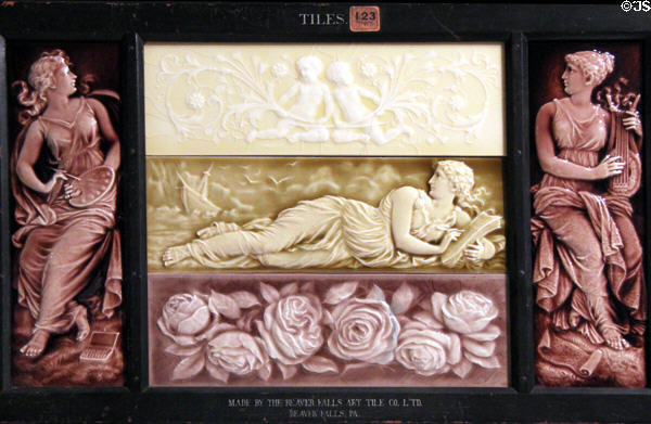 Earthenware art tiles (1886-1910) by Isaac Broome made by Beaver Falls Art Tile Co., PA at Brooklyn Museum. Brooklyn, NY.