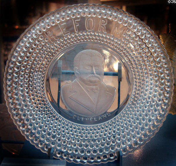Pressed glass Grover Cleveland reform plate at Brooklyn Museum. Brooklyn, NY.