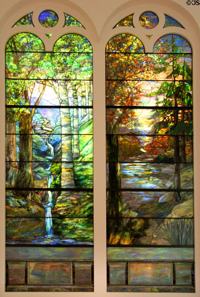 Dawn in Springtime Woods & Sunset in Autumn Woods stained glass windows (1905) by Louis Comfort Tiffany Studios at Brooklyn Museum. Brooklyn, NY.