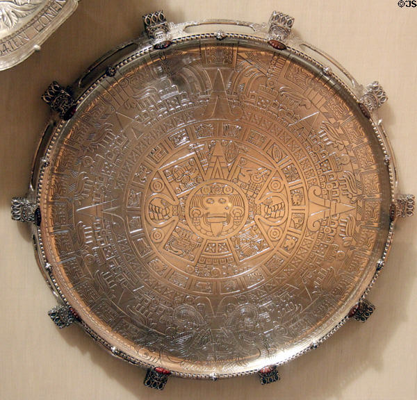 Silver tray with Aztec Calendar Stone (1893) exhibited at Chicago World's Columbian Exposition by Tiffany & Co. of New York, NY at Brooklyn Museum. Brooklyn, NY.