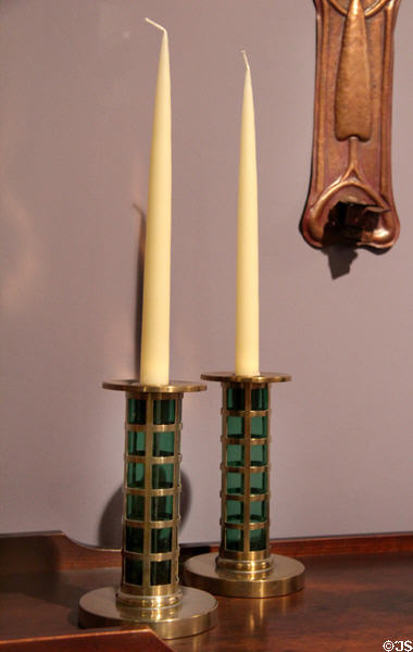 Brass & glass candlesticks (c1910) by Pairpoint Manuf. Co. of New Bedford, MA at Brooklyn Museum. Brooklyn, NY.