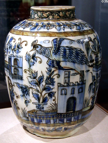 Ceramic vase with building & birds (19thC) from Iran at Brooklyn Museum. Brooklyn, NY.