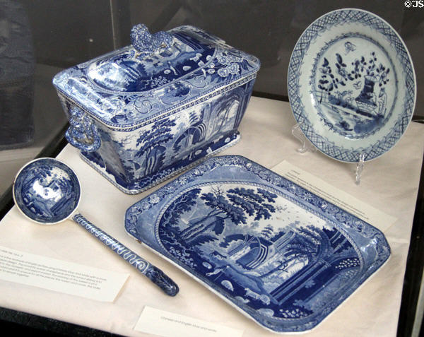 Blue & white pottery collection at Lefferts Homestead museum. Brooklyn, NY.