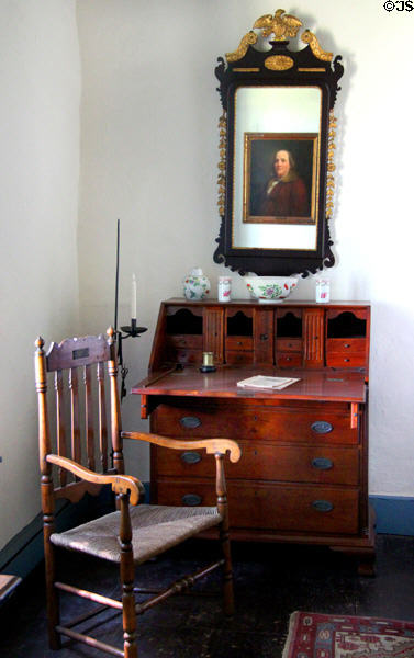 Dropfront desk, armchair & early American mirror at Conference House. Staten Island, NY.