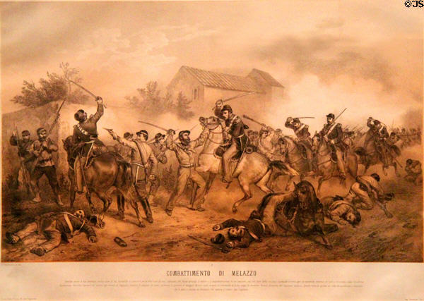 Battle of Milazzo, Sicily, where Garibaldi broke Neapolitan resistance, July 20, 1860 print by Perrin at Garibaldi-Meucci Museum. Staten Island, NY.
