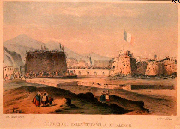 Destruction of Citadel of Palermo, Sicily, May 27, 1860 print by Perrin at Garibaldi-Meucci Museum. Staten Island, NY.