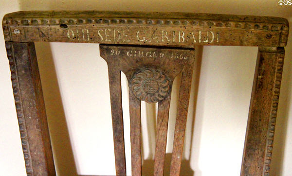 Detail of chair in which Garibaldi sat when carried wounded from the battlefield in 1866 at Garibaldi-Meucci Museum. Staten Island, NY.