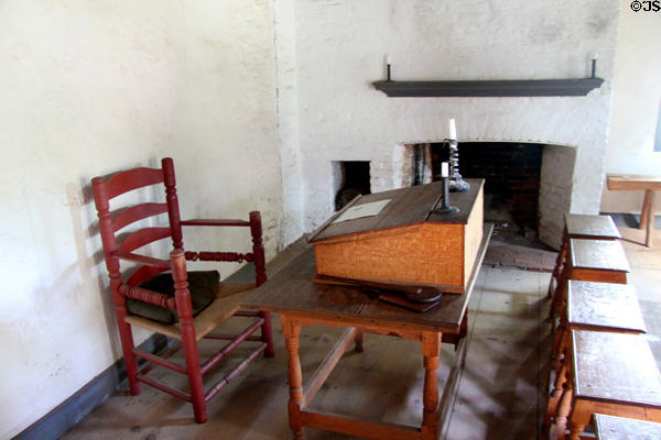 School desks in Voorlezer's House (c1695) at Historic Richmond Town. Staten Island, NY.