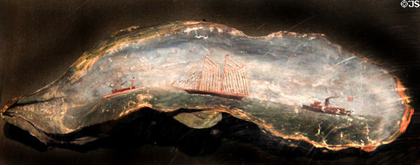Oyster shell painted with nautical scene (c1905-10) at Historic Richmond Town Museum. Staten Island, NY.