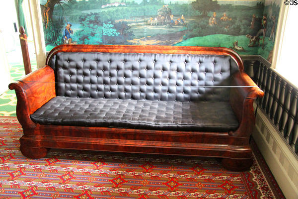 Upholstered sofa-bed in late classical style (1830-40) in dining room at Lindenwald. Kinderhook, NY.