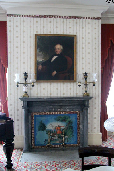 Drawing room gray marble fireplace mantles with two Argand lamps, wallpaper-covered fireboard (c1840) under portrait of Martin Van Buren at Lindenwald. Kinderhook, NY.
