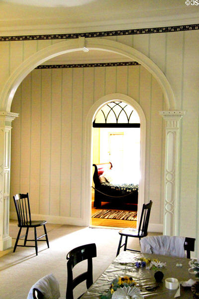 Upstairs hall with arch leading to bedroom with Palladian window over front door at Lindenwald. Kinderhook, NY.