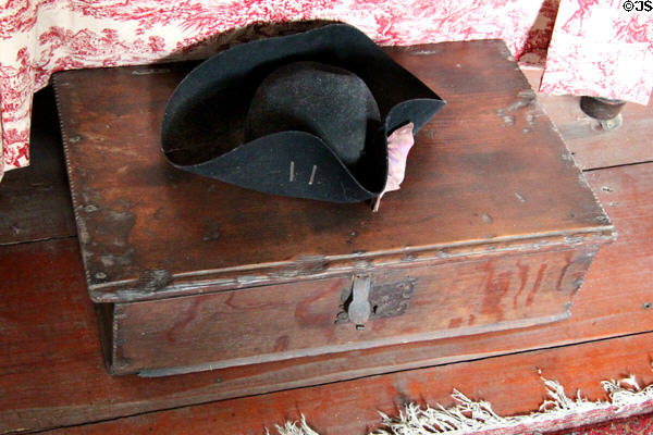 Tricorner hat & hatbox in Schenck House parlor at Old Bethpage Village. Old Bethpage, NY.