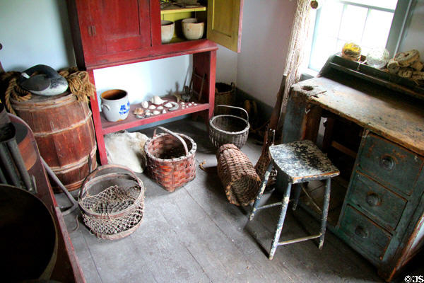 Bay man's fishing tools in lean-to of Conklin House at Old Bethpage Village. Old Bethpage, NY.
