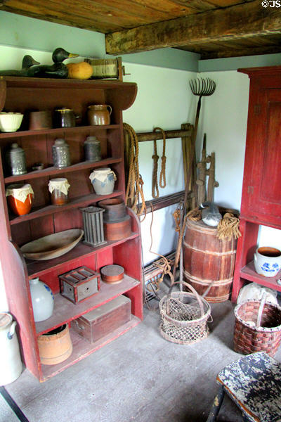 Various containers in lean-to of Conklin House at Old Bethpage Village. Old Bethpage, NY.