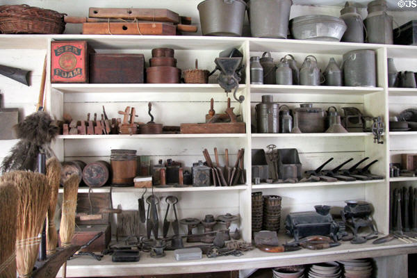 Shelves of hardware merchandise in Layton General Store at Old Bethpage Village. Old Bethpage, NY.