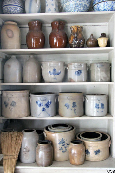 Brownware jugs & stoneware crocks from Long Island in Layton General Store at Old Bethpage Village. Old Bethpage, NY.
