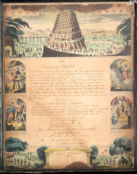 Tower of Babel graphic (1823) published in New York, NY at Old Bethpage Village. Old Bethpage, NY.