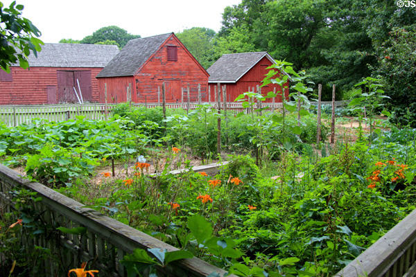 Hewlett House barns & garden at Old Bethpage Village. Old Bethpage, NY.