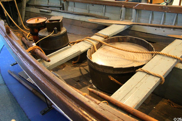 Barrel to feed out harpoon rope on Daisy Whaleboat at Whaling Museum. Cold Spring Harbor, NY.