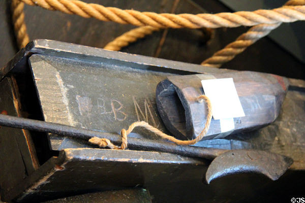 Barbed harpoon & sheath on Daisy Whaleboat at Whaling Museum. Cold Spring Harbor, NY.