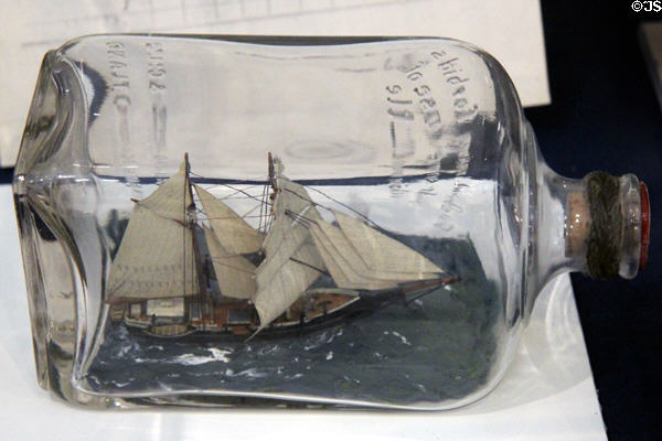 Brig Daisy of New Bedford model in a bottle (1872) by Nehemiah Hand of Setauket, LI at Whaling Museum. Cold Spring Harbor, NY.