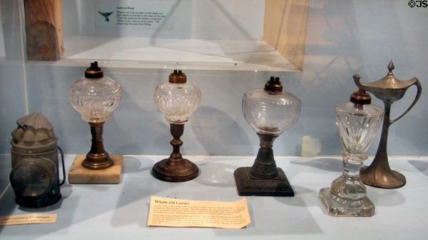 Collection of whale oil lamps (early 19thC) with two wick system discovered by Benjamin Franklin at Whaling Museum. Cold Spring Harbor, NY.
