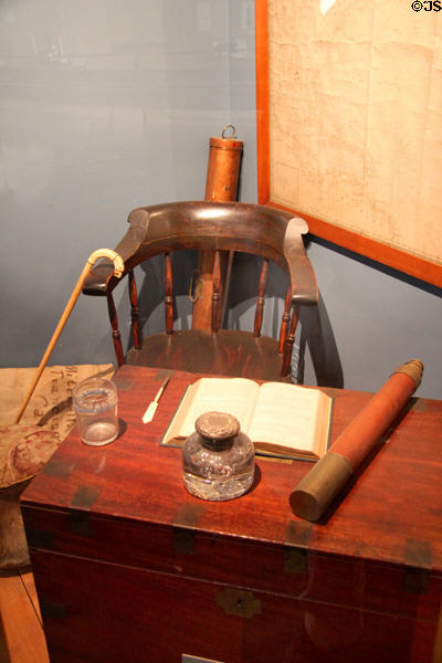 Captain's quarters objects including chest, inkwell, telescope & Windsor chair at Whaling Museum. Cold Spring Harbor, NY.