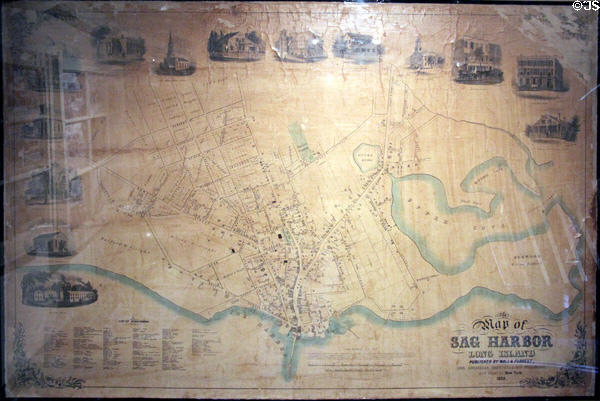 Sag Harbor map (1854) surrounded by sketches of important buildings at Annie Cooper Boyd House museum. Sag Harbor, NY.