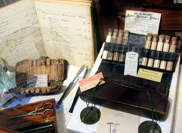 Medications, medical instruments & notebook which belonged to Dr. Edgar Miles at Annie Cooper Boyd House museum. Sag Harbor, NY.