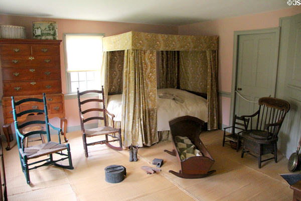 Curtained bed, highboy dresser & chairs at Custom House Museum. Sag Harbor, NY.