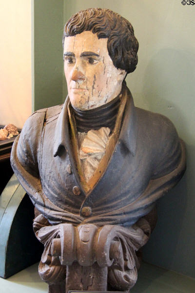 Carved & painted figurehead of Thomas Jefferson from prow of Whaleship Jefferson at Sag Harbor Whaling Museum. Sag Harbor, NY.