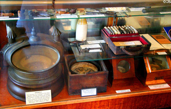 Compasses, ship medicine kit & other whaling ship artifacts at Sag Harbor Whaling Museum. Sag Harbor, NY.
