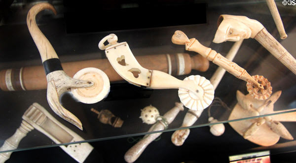 Scrimshaw pie crimpers & other whale bone carvings at Sag Harbor Whaling Museum. Sag Harbor, NY.