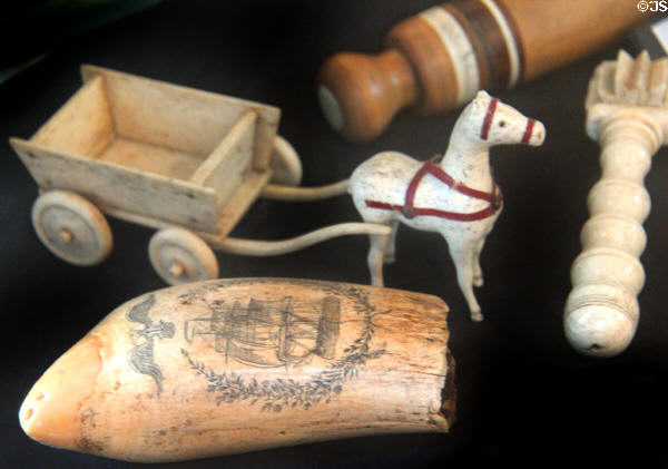 Scrimshaw artwork, toys & kitchen tools at Sag Harbor Whaling Museum. Sag Harbor, NY.