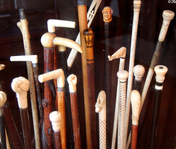 Carved whale bone canes & cane handles at Sag Harbor Whaling Museum. Sag Harbor, NY.