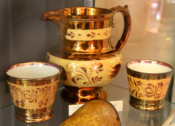Copper lusterware jug & drinking cups at Sag Harbor Whaling Museum. Sag Harbor, NY.